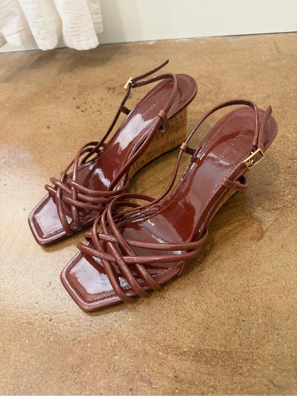 Tory Burch Multi Strap Wedge Sandals Cork Wedge Patent Leather Size 7.5